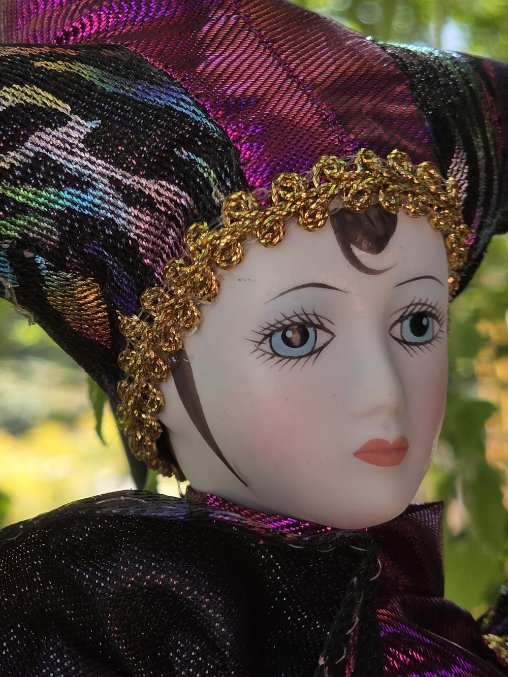 Mardi Gras Jester Doll ~ Iridescent Fuchsia and Multi-Color - Picture 4 of 13
